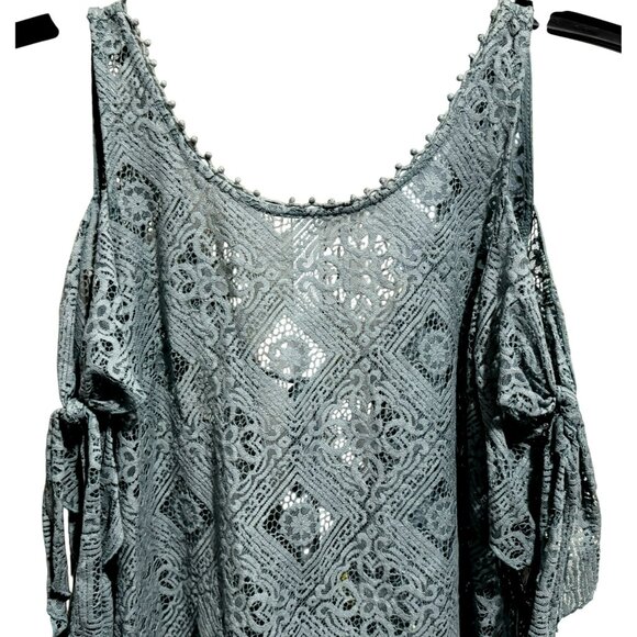 Free People Geo Sands Lagoon Green Crochet Lace Cold Shoulder Top BoHo Small NEW - Picture 3 of 8